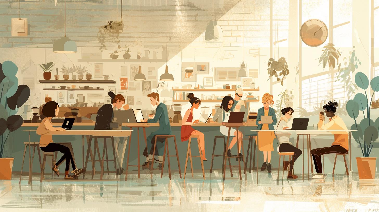 Illustration of diverse professionals working on laptops in a bright Portland co-working space, representing local business collaboration and SEO growth opportunities