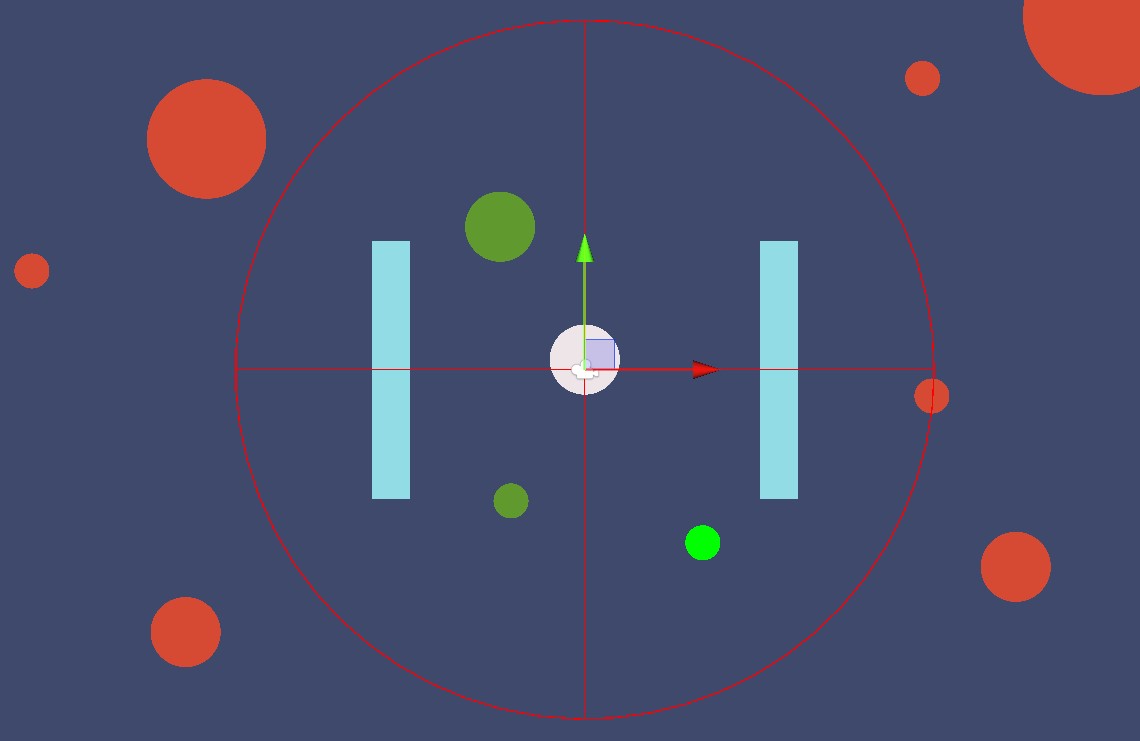 Unity 2D diagram illustrating a conditional CircleCast with layer or tag filtering, showing cast radius, direction axes, obstacles, and selectively detected targets