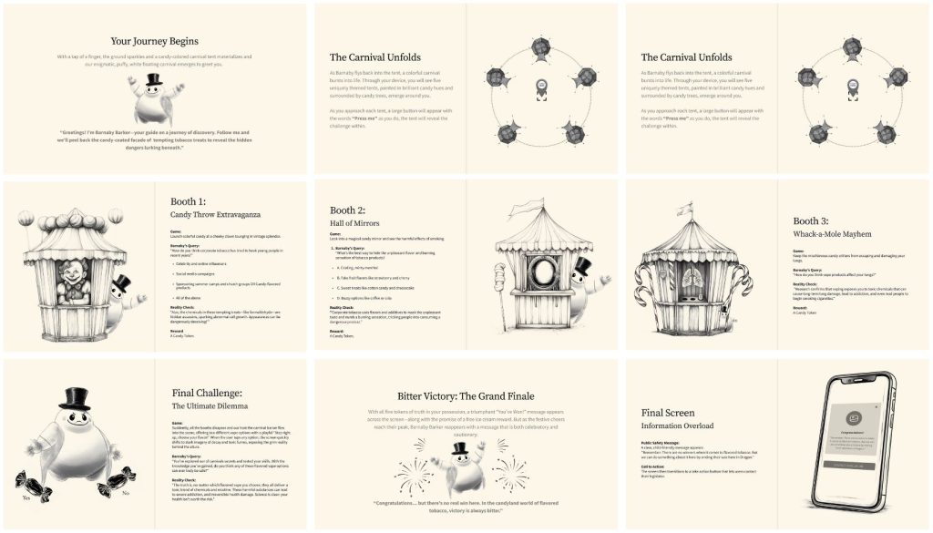 Illustrated storyboards for the Carnival of Truth booths and final screen