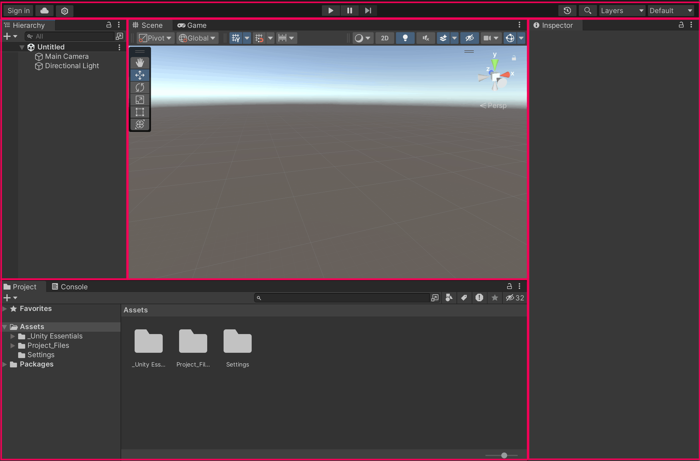 Overview of the Unity Editor workspace with its main panels highlighted