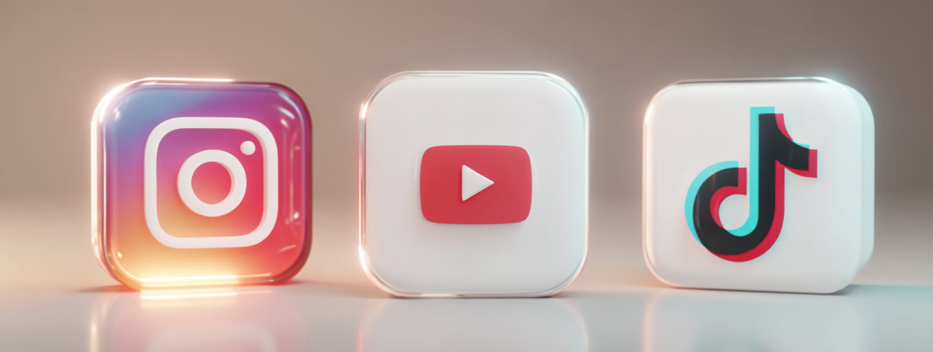 3D social media platform icons representing Instagram, YouTube, and TikTok illustrating the evolution of social media into searchable web infrastructure