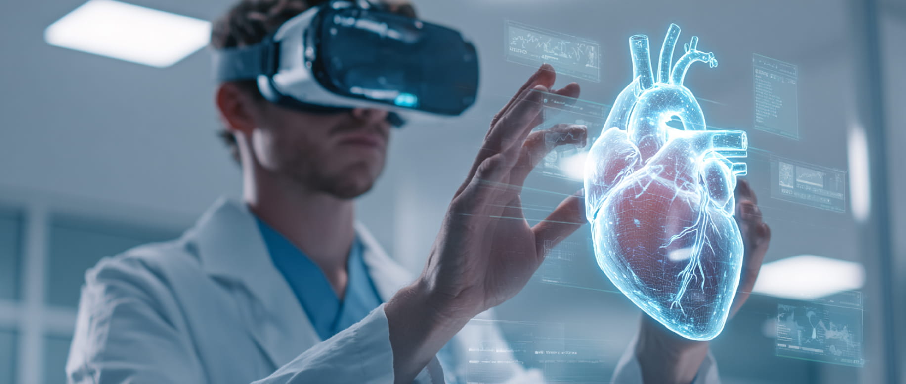 Doctor using virtual reality headset to interact with a 3D holographic heart model for patient education and medical training