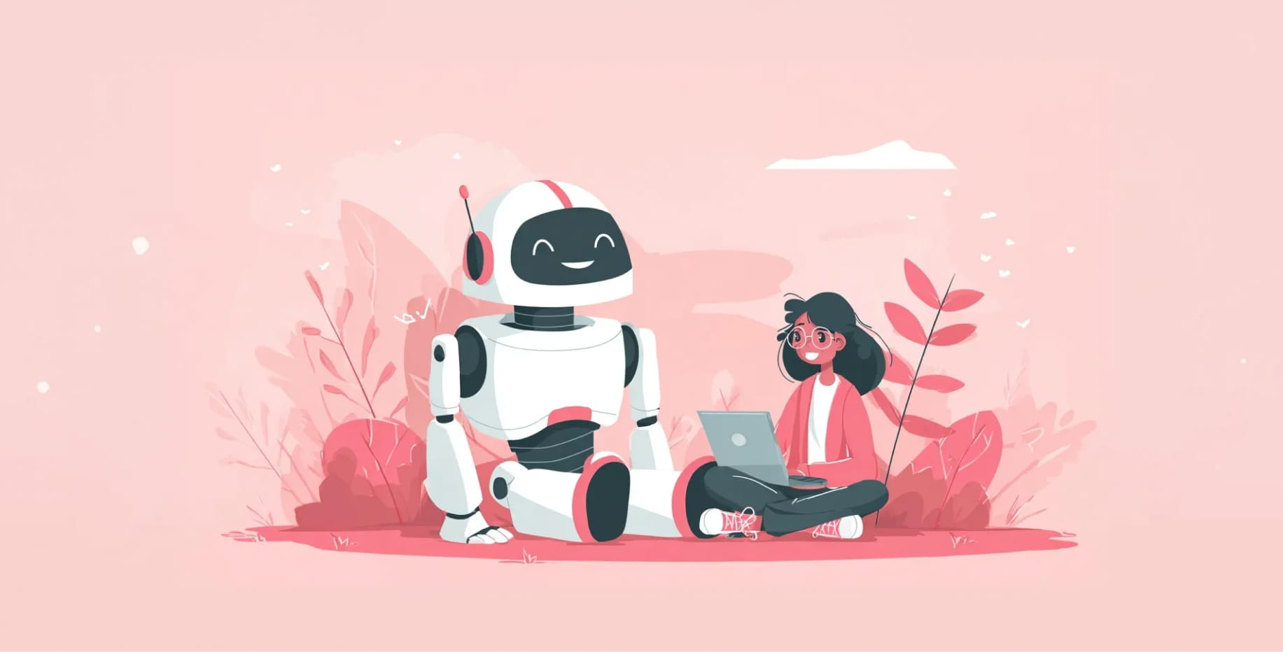Illustration of a person sitting with a friendly robot while working on a laptop, symbolizing collaboration and a shift from expert mindset to exploratory learning with AI