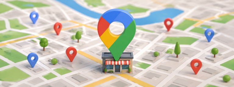 Google Maps pin rising from a small storefront on a 3D street map dotted with location pins