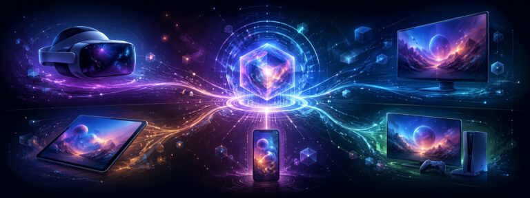 Illustration of a VR headset, phones, tablets and screens
