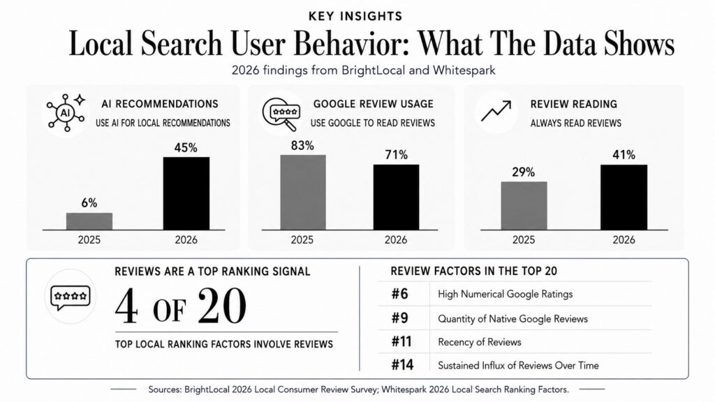 Local search behavior from 2025 to 2026: AI use for local recommendations rose from 6% to 45%, Google's share of review reading fell from 83% to 71%, and consumers who always read reviews rose from 29% to 41%. Four of Whitespark’s top twenty local ranking factors are review signals.