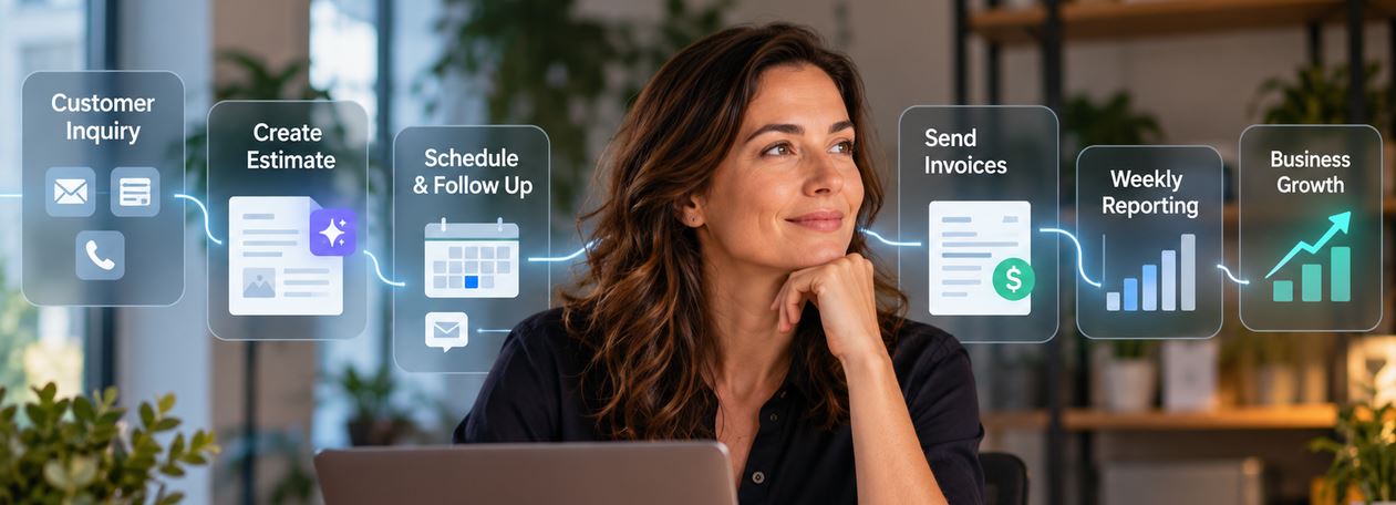 A small business owner at a laptop with a connected workflow: customer inquiry, create estimate, schedule and follow up, send invoices, weekly reporting and business growth.