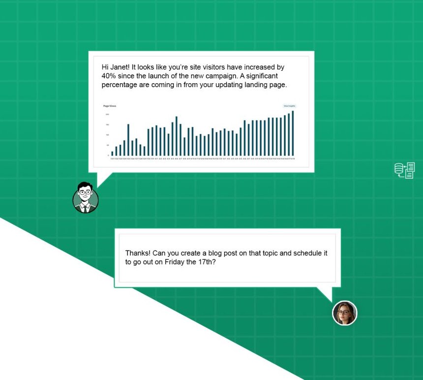 Insyght Studio agent reporting a rise in site visitors and taking a request to schedule a blog post