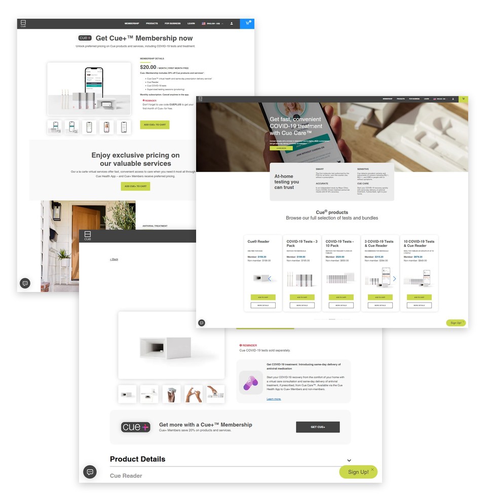 Shopify Plus store membership page, homepage and product detail page for an at-home COVID-19 testing company