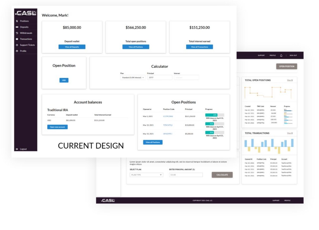 CASL member dashboard with balances, positions and transactions