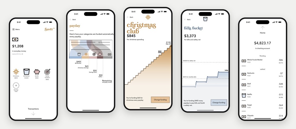 Christmas Club app screens: home balances, payday split, Christmas savings, bills bucket and transactions