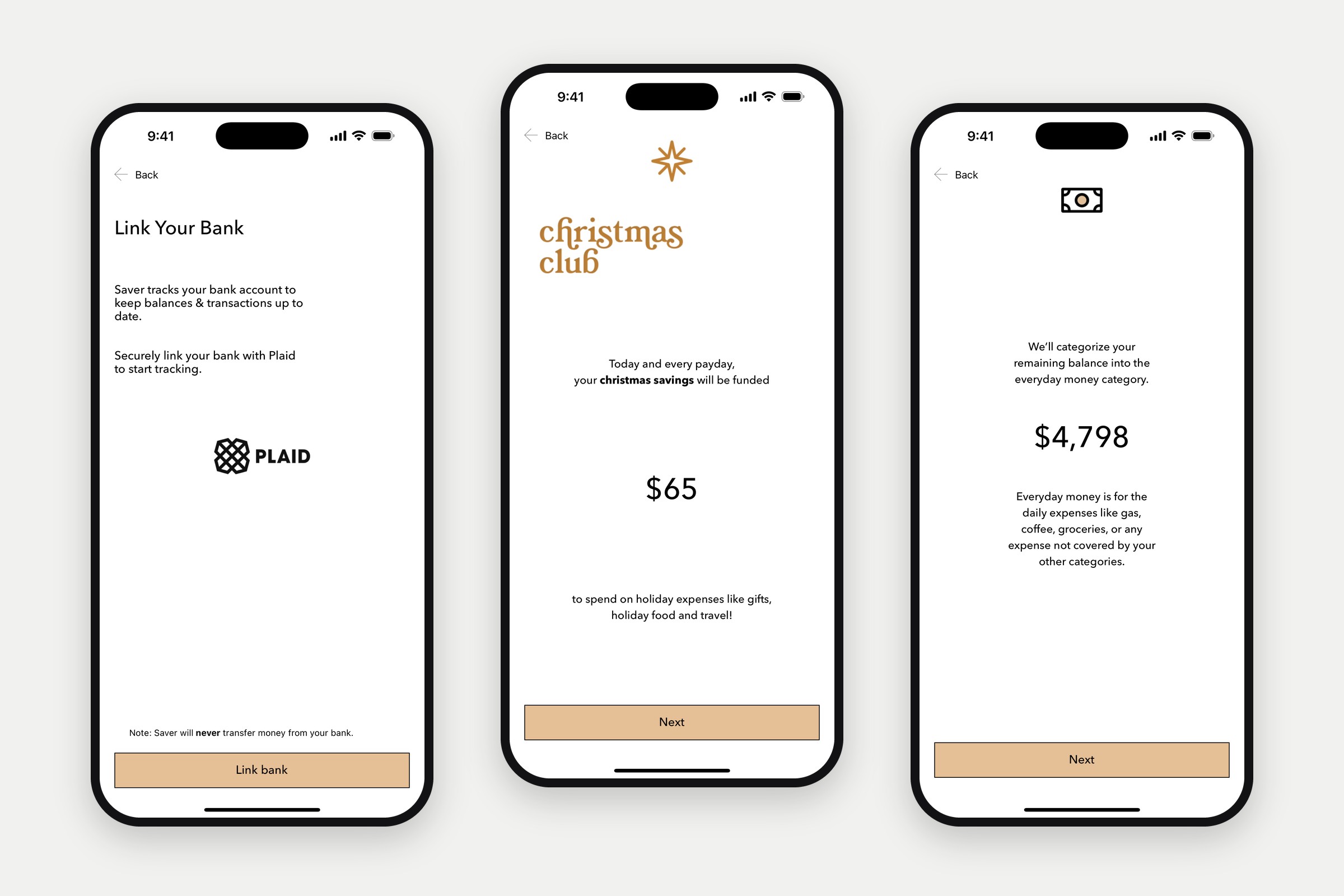 Christmas Club onboarding screens: linking a bank with Plaid, Christmas savings per payday and everyday money