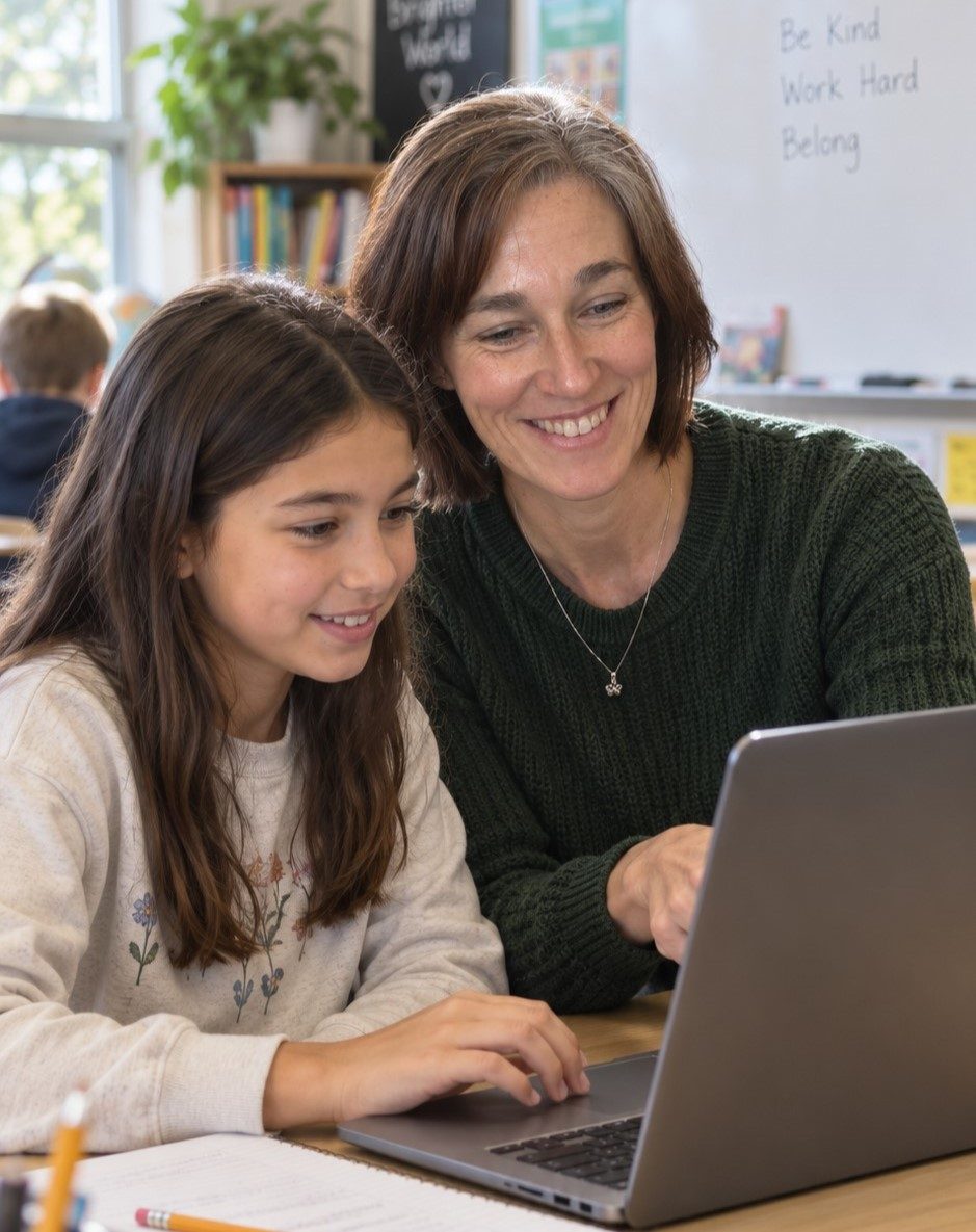 Teacher and student working together on a laptop in a classroom