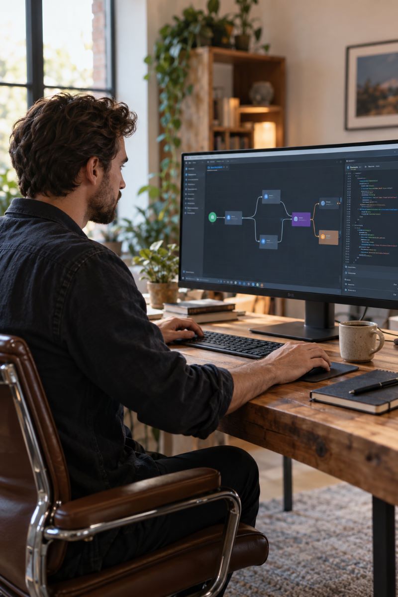 Developer building an AI workflow on a desktop monitor