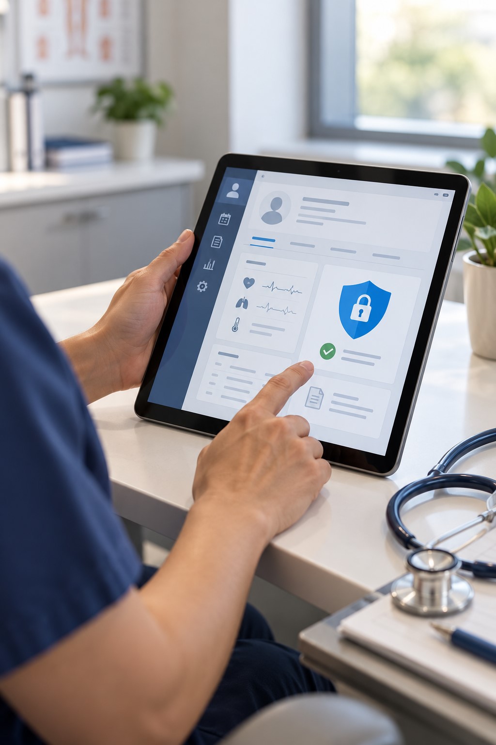 Clinician using a tablet with a secure patient record screen