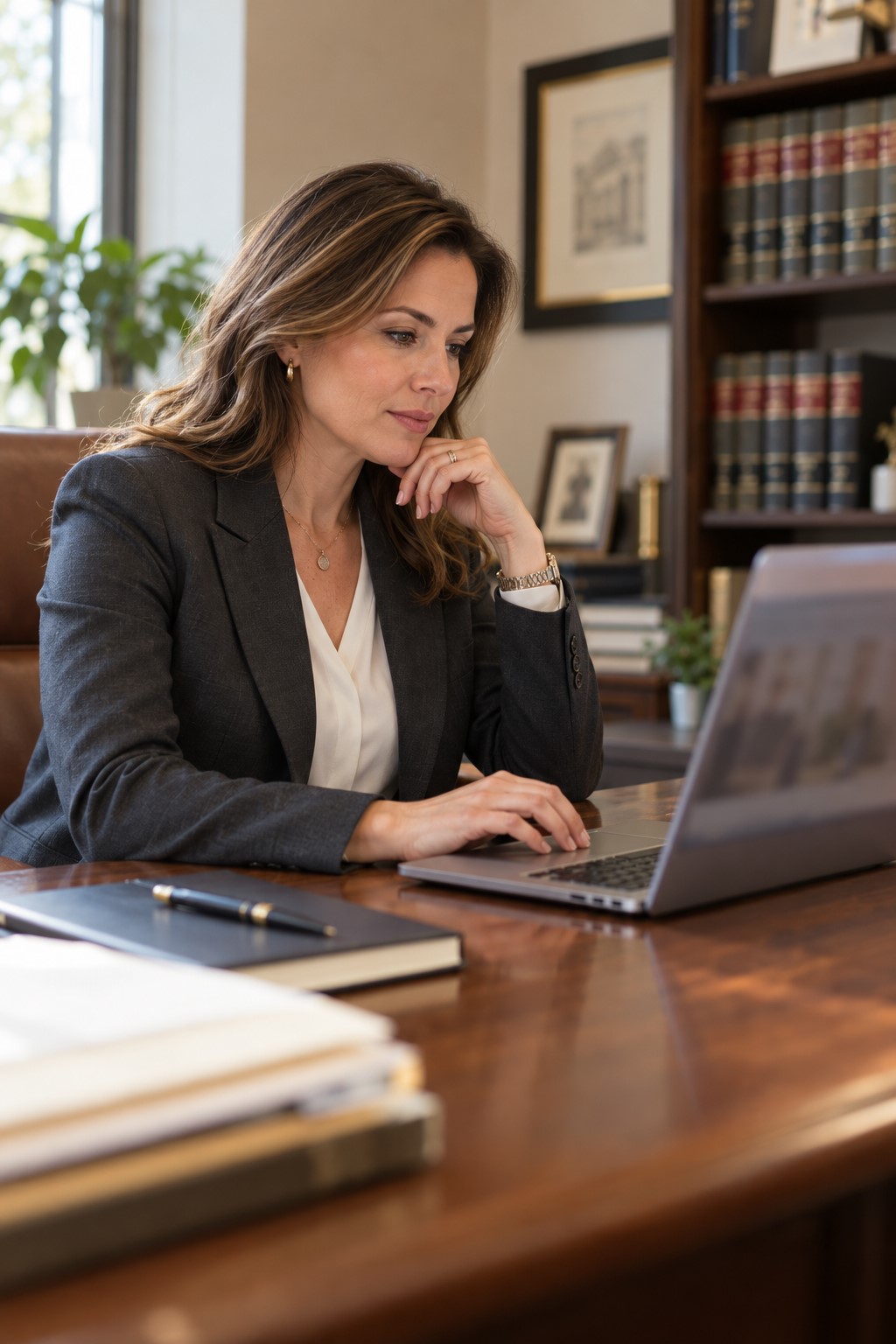 Attorney working on a laptop in a law office