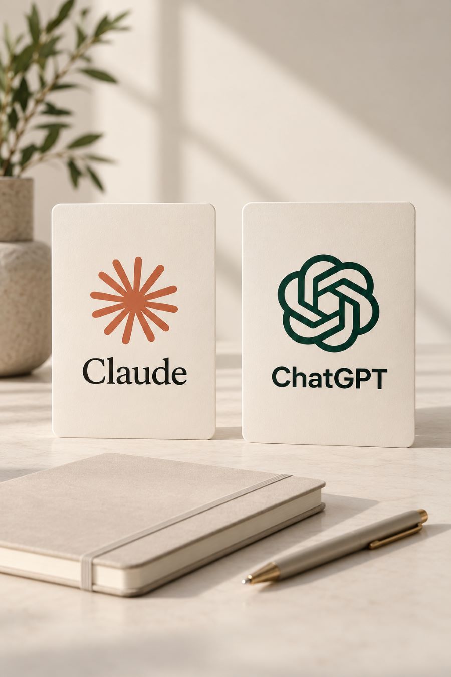 Claude and ChatGPT logo cards on a desk