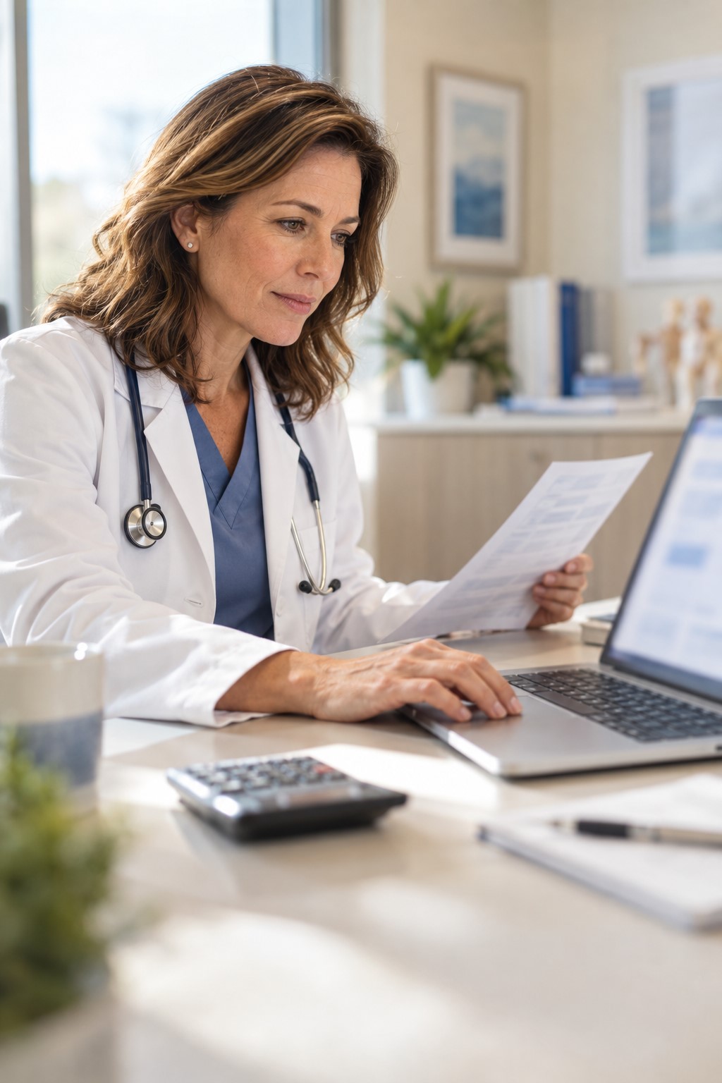 Physician reviewing a patient bill at her desk