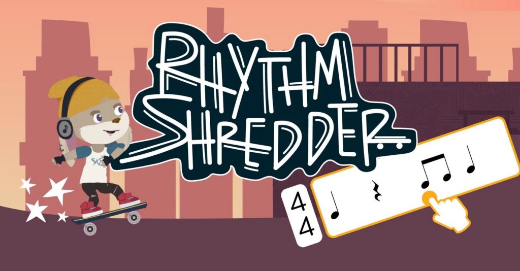 Rhythm Shredder title art: a cartoon character on a skateboard beside the game logo and music notes, from Hoffman Academy's browser rhythm game