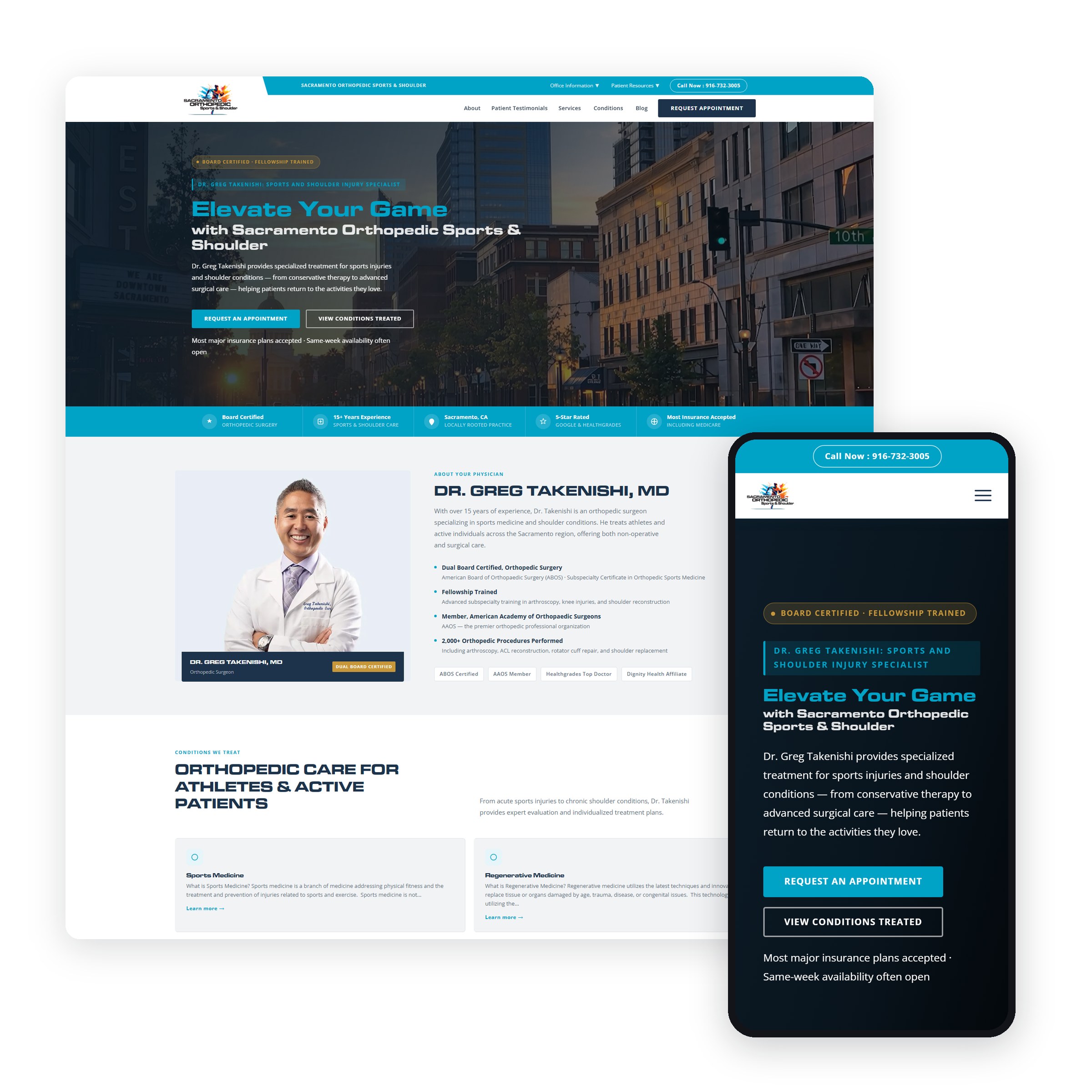 Sacramento Orthopedic Sports & Shoulder website homepage on desktop and mobile