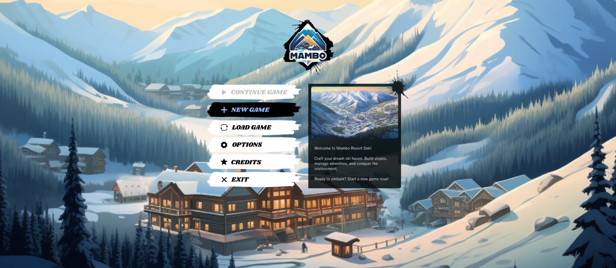 Ski resort management game main menu over a painted mountain village