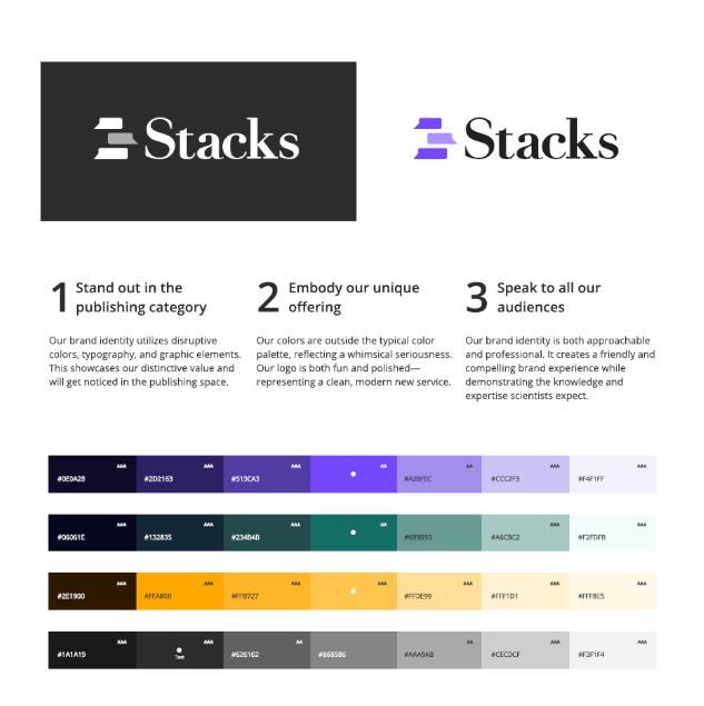 Stacks Journal logo, brand principles and color palette