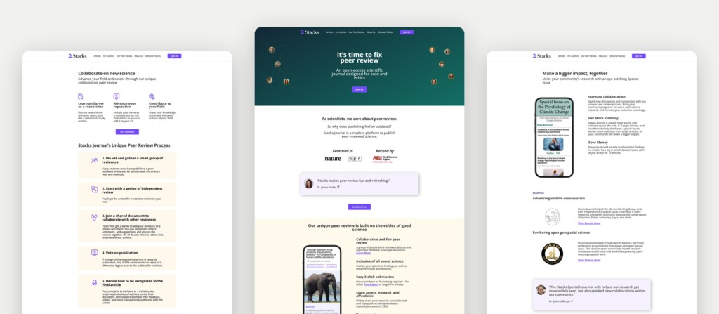 Stacks Journal website pages: peer review, home and Special Issues