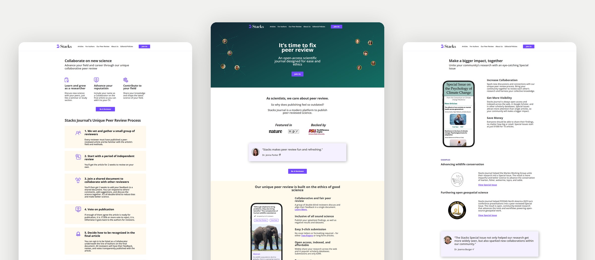 Stacks Journal website pages: peer review, home and Special Issues