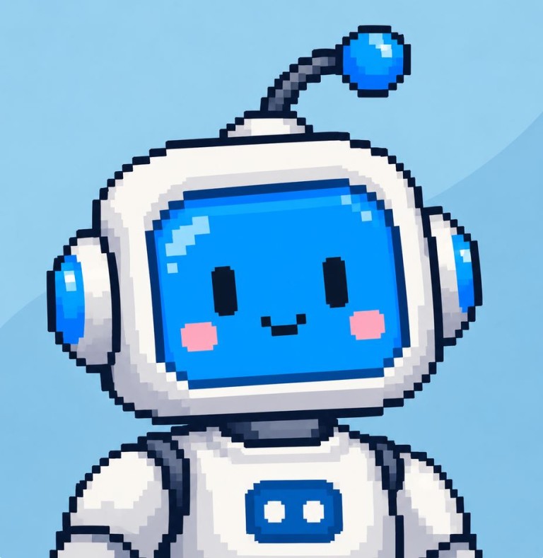 Toby, the SLIDEFACTORY AI assistant: a pixel-art robot with a blue screen face