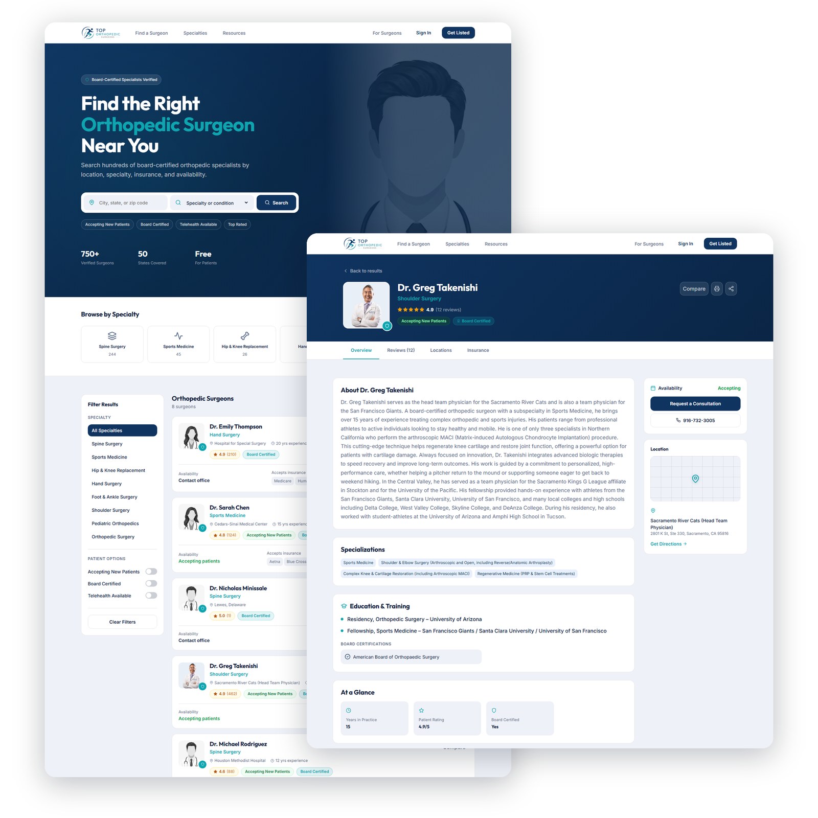 Top Orthopedic Surgeons directory website: search results and a surgeon profile page, designed and developed by SLIDEFACTORY