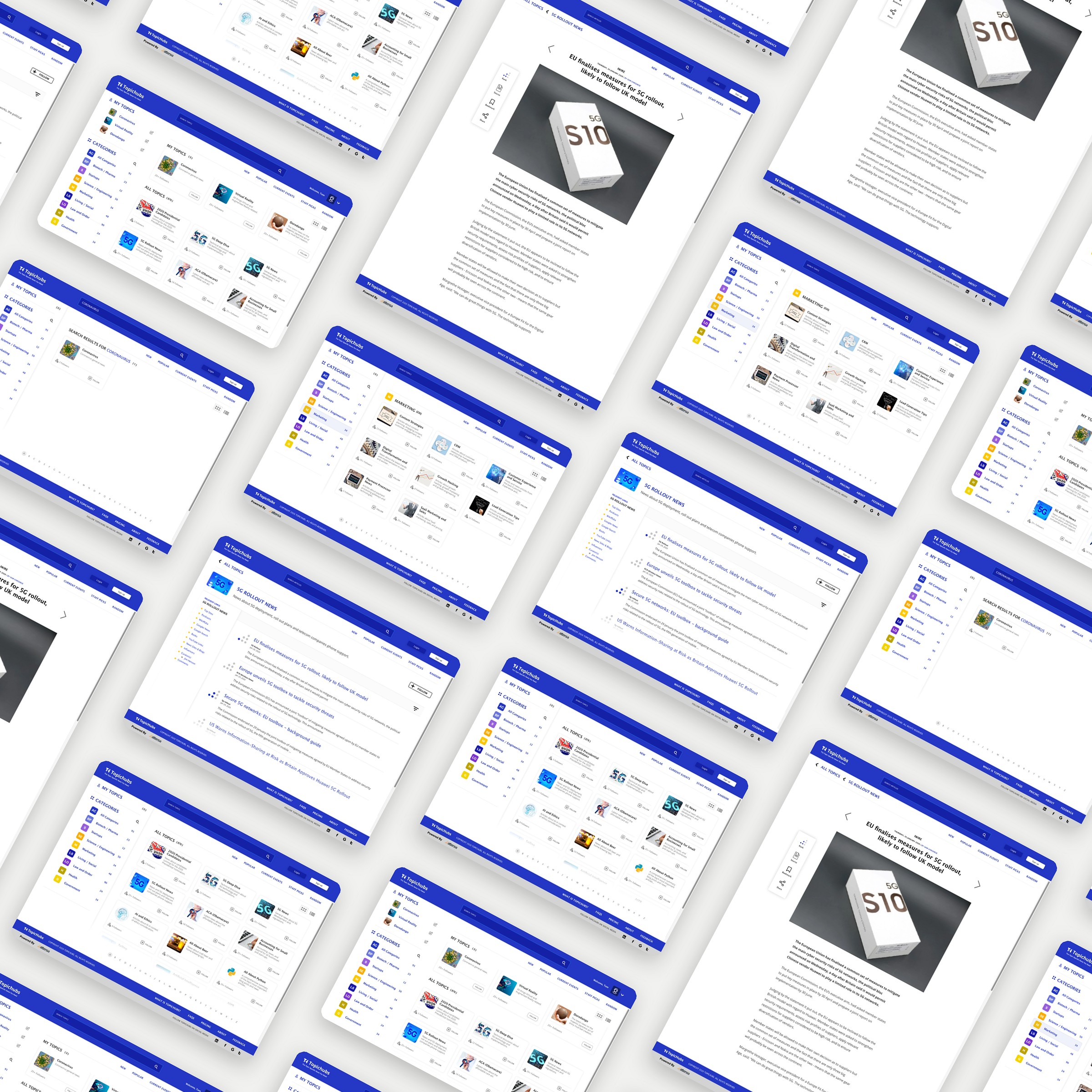 Screens from the TopicHubs news discovery designs