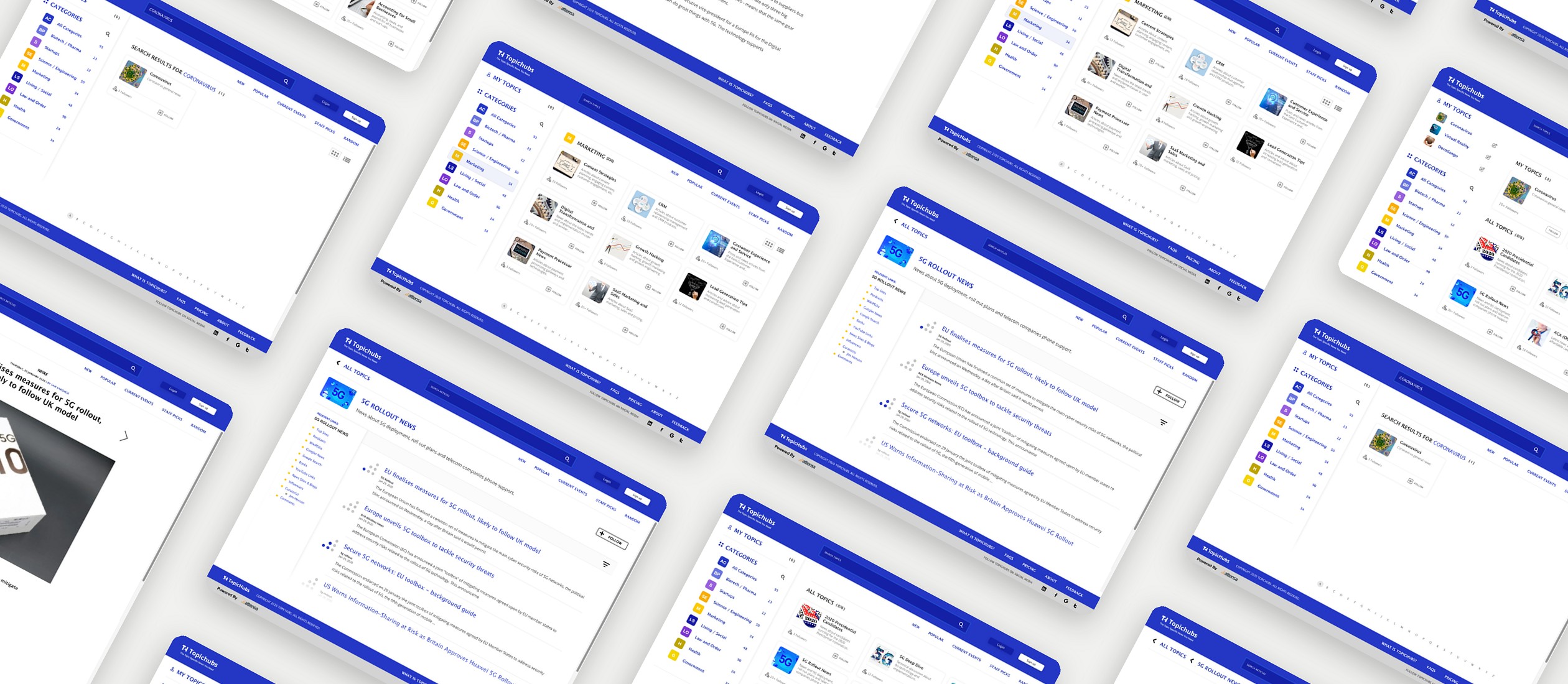 TopicHubs topic browser, category, search and article page designs