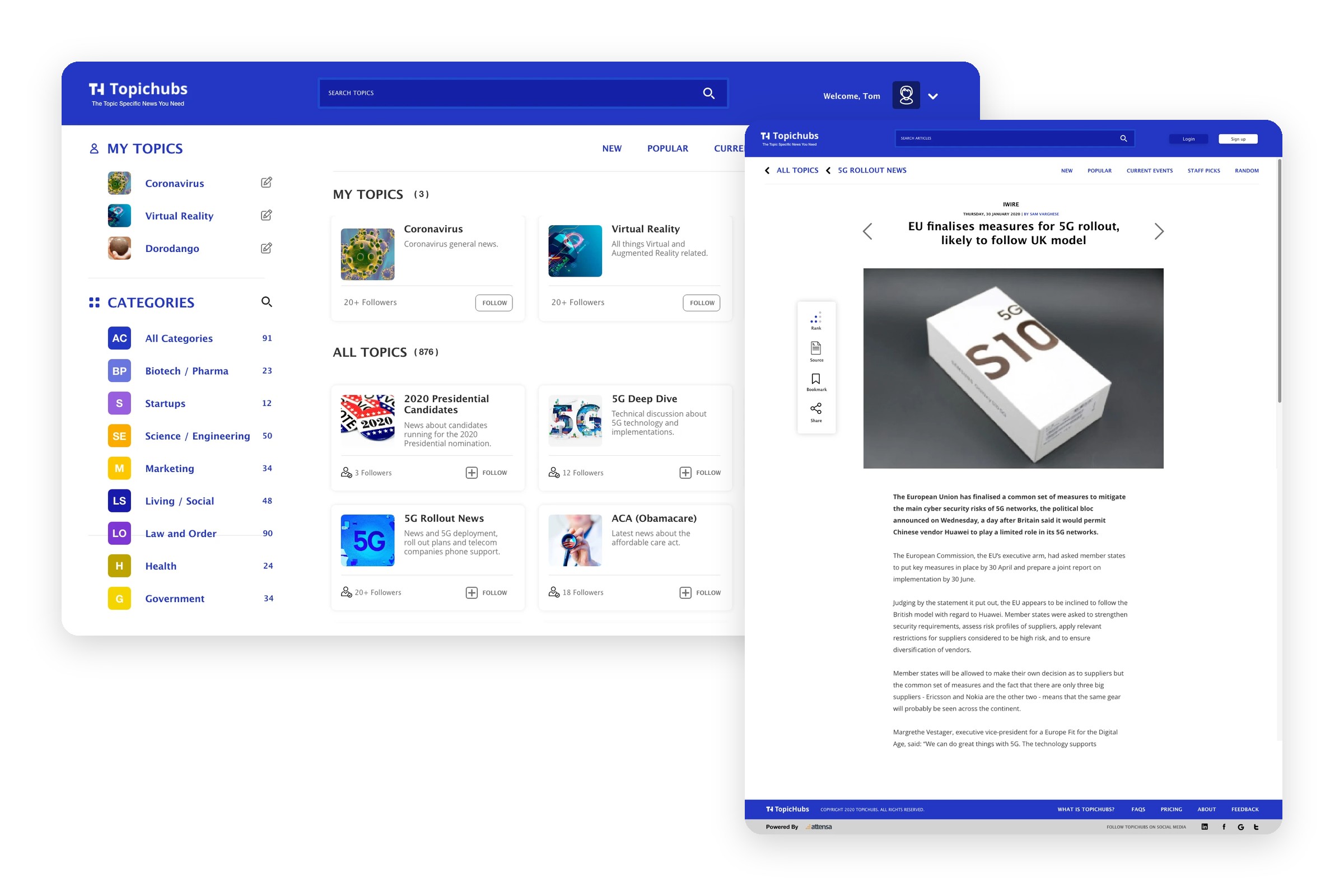 TopicHubs signed-in My Topics view and an article page