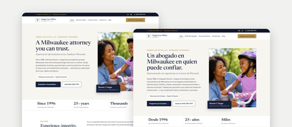Vargas Law Office website homepage in English and in Spanish