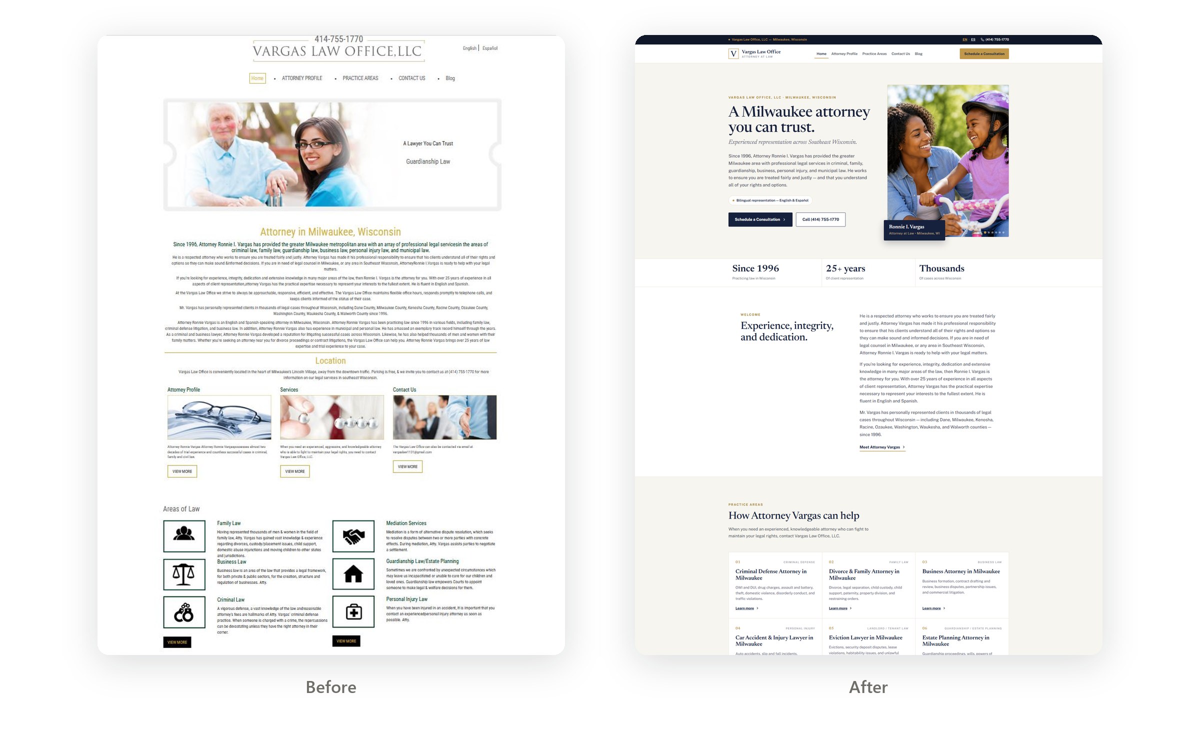 Vargas Law Office homepage before and after the redesign