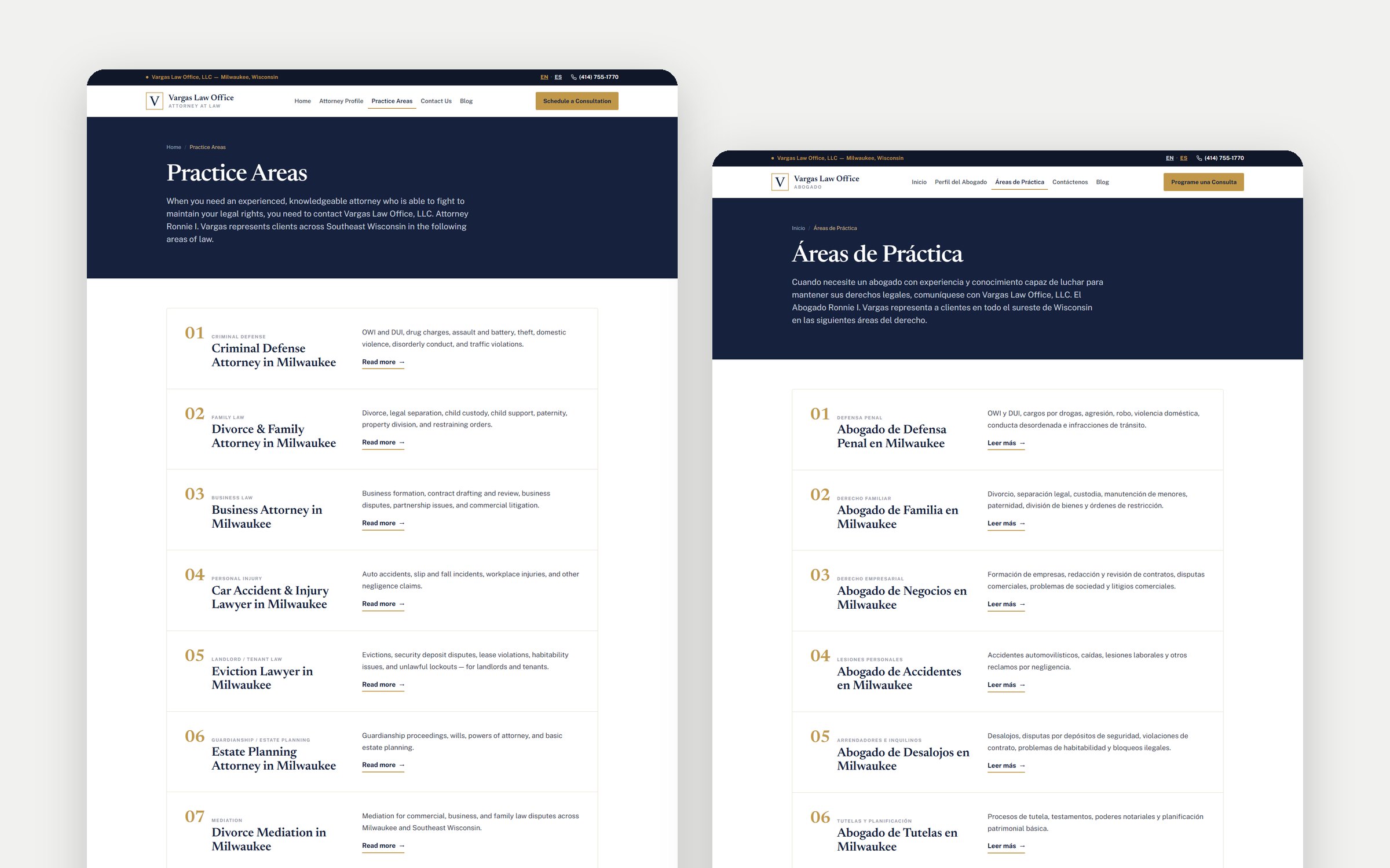 Vargas Law Office practice areas page in English and Spanish